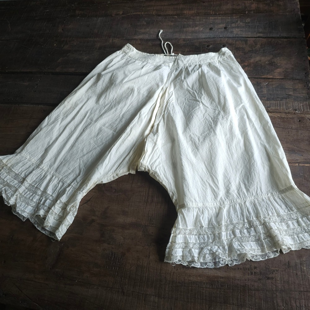Antique Victorian White Cotton Split Crotch Bloomers Lace Pantaloons Edwardian